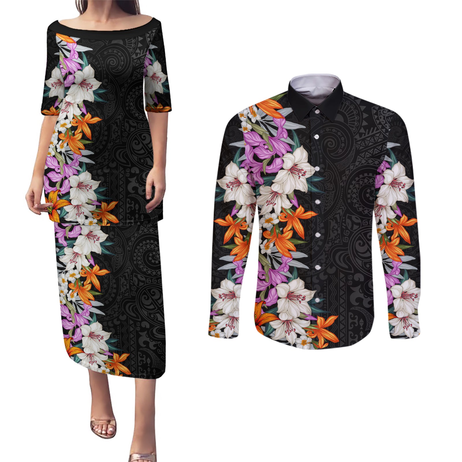 Hawaii Tropical Leaves and Flowers Couples Matching Puletasi and Long Sleeve Button Shirt Tribal Polynesian Pattern LT03 Black - Polynesian Pride