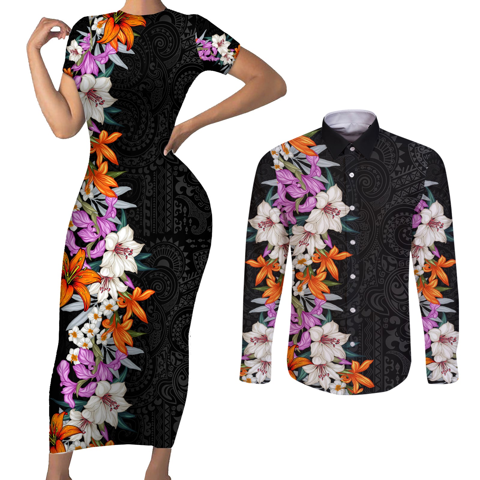 Hawaii Tropical Leaves and Flowers Couples Matching Short Sleeve Bodycon Dress and Long Sleeve Button Shirt Tribal Polynesian Pattern LT03 Black - Polynesian Pride