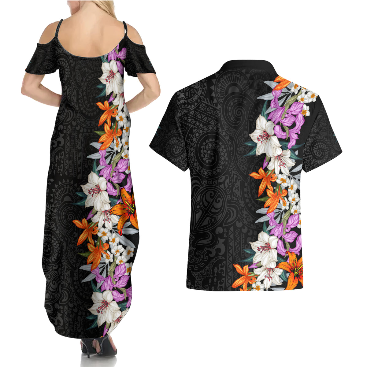 Hawaii Tropical Leaves and Flowers Couples Matching Summer Maxi Dress and Hawaiian Shirt Tribal Polynesian Pattern LT03 - Polynesian Pride