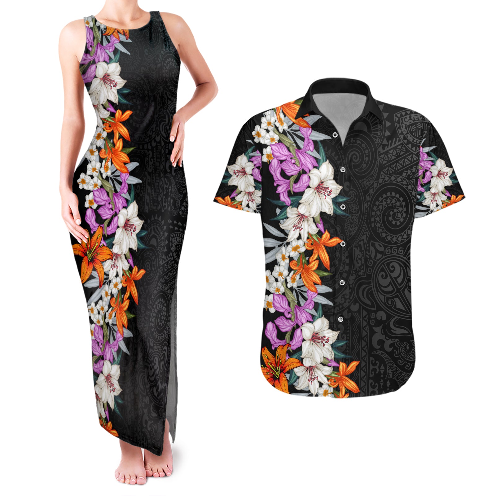 Hawaii Tropical Leaves and Flowers Couples Matching Tank Maxi Dress and Hawaiian Shirt Tribal Polynesian Pattern LT03 Black - Polynesian Pride