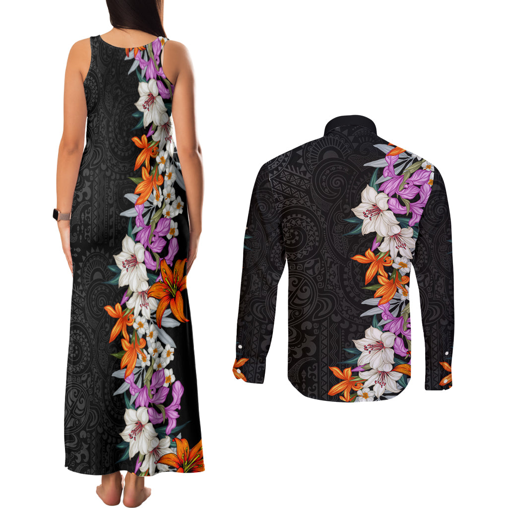 Hawaii Tropical Leaves and Flowers Couples Matching Tank Maxi Dress and Long Sleeve Button Shirt Tribal Polynesian Pattern LT03 - Polynesian Pride