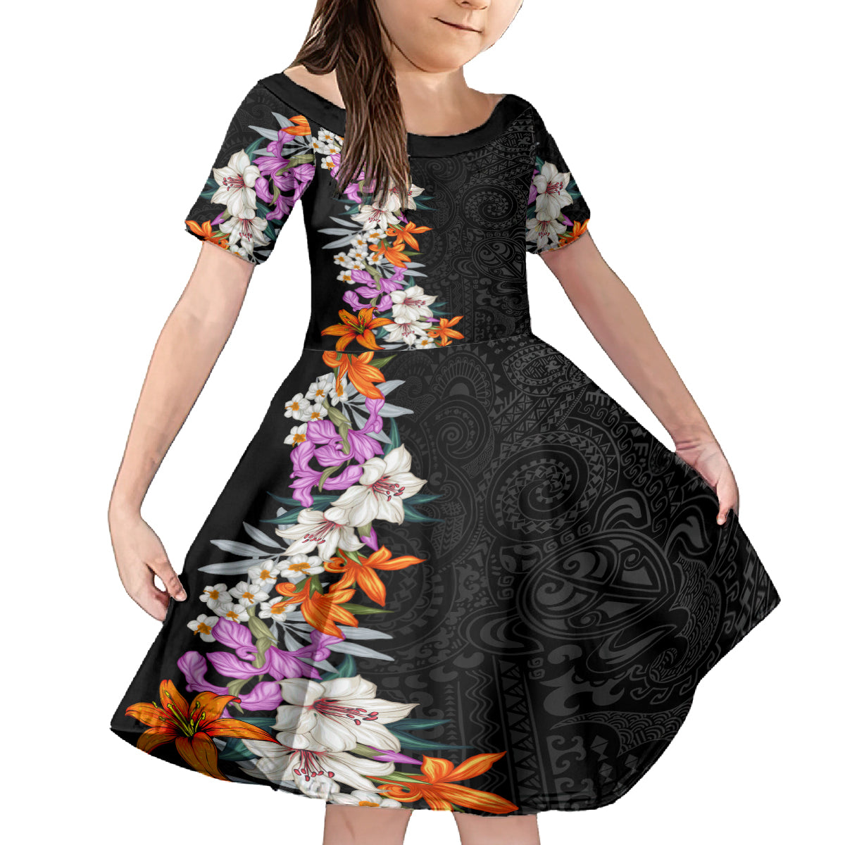 Hawaii Tropical Leaves and Flowers Family Matching Off Shoulder Long Sleeve Dress and Hawaiian Shirt Tribal Polynesian Pattern LT03 Daughter's Dress Black - Polynesian Pride