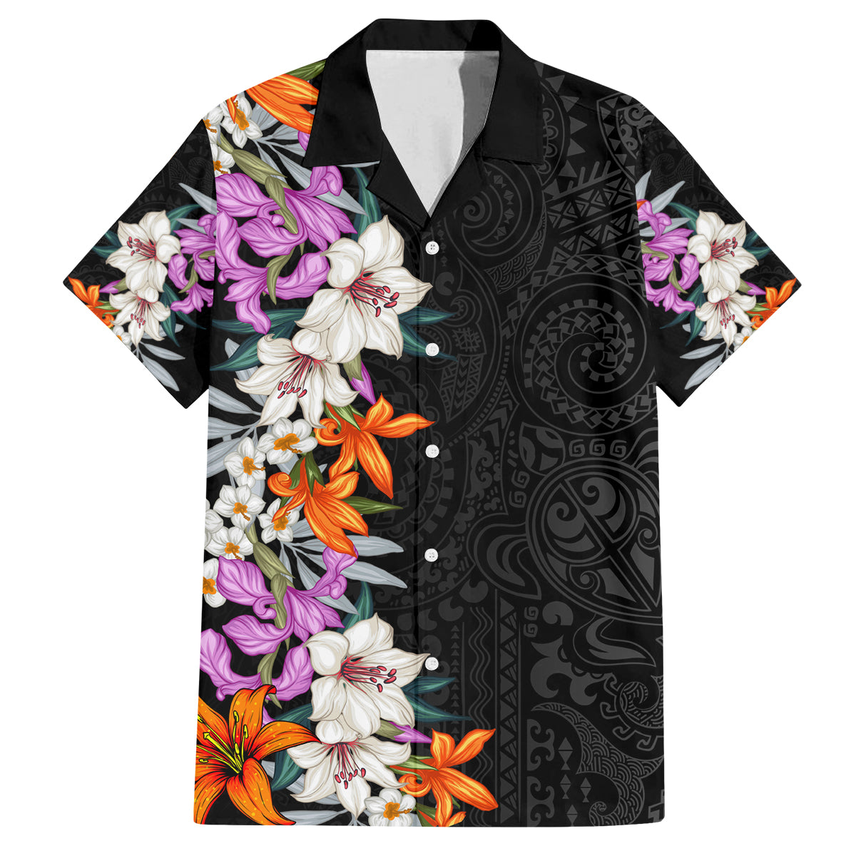 Hawaii Tropical Leaves and Flowers Family Matching Off Shoulder Long Sleeve Dress and Hawaiian Shirt Tribal Polynesian Pattern LT03 Dad's Shirt - Short Sleeve Black - Polynesian Pride