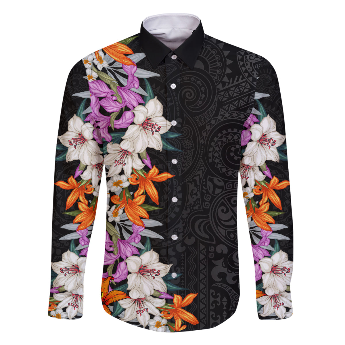 Hawaii Tropical Leaves and Flowers Family Matching Off Shoulder Maxi Dress and Hawaiian Shirt Tribal Polynesian Pattern LT03 Dad's Shirt - Long Sleeve Black - Polynesian Pride