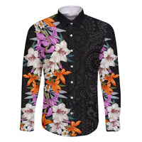 Hawaii Tropical Leaves and Flowers Family Matching Off Shoulder Maxi Dress and Hawaiian Shirt Tribal Polynesian Pattern LT03 Dad's Shirt - Long Sleeve Black - Polynesian Pride