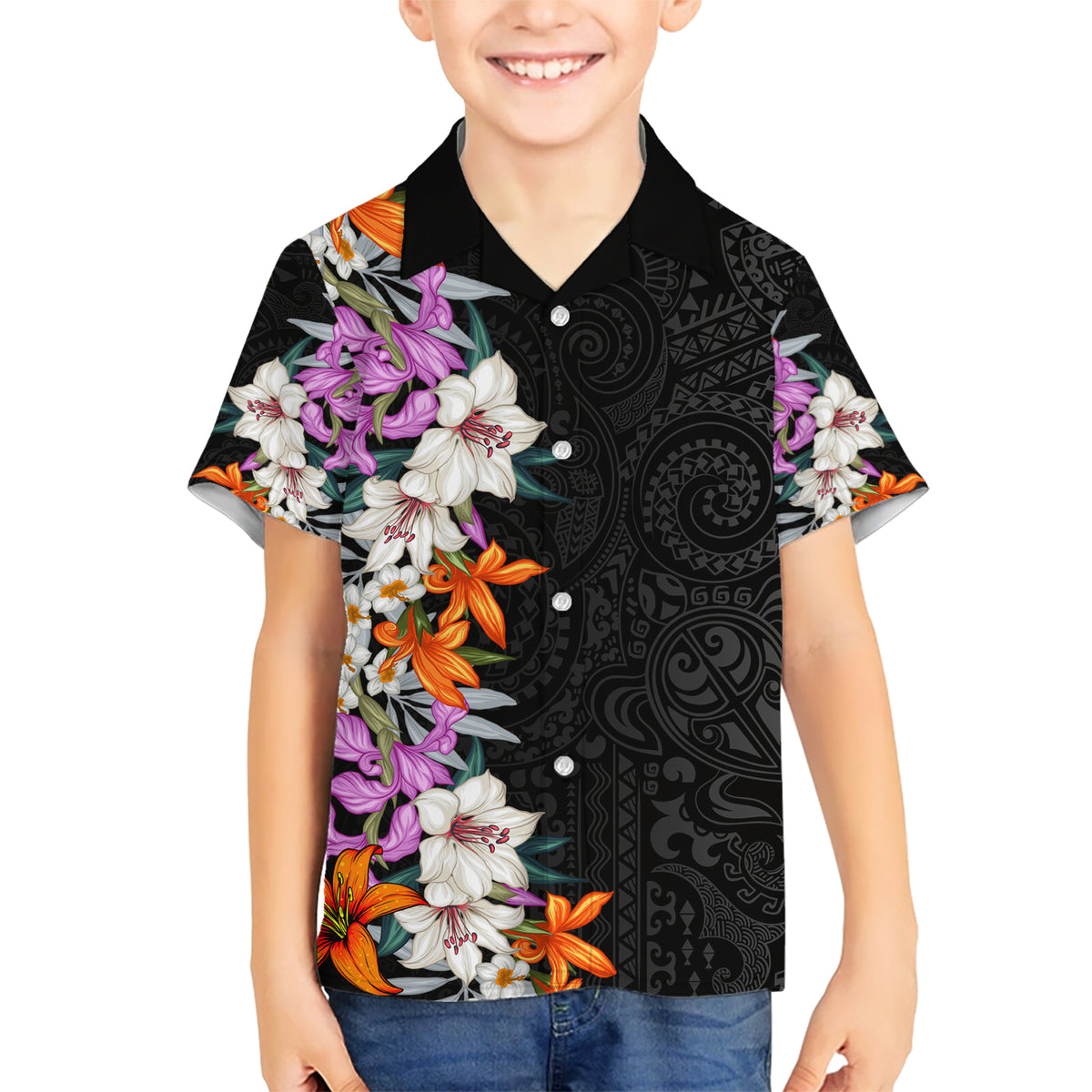 Hawaii Tropical Leaves and Flowers Kid Hawaiian Shirt Tribal Polynesian Pattern LT03 Kid Black - Polynesian Pride