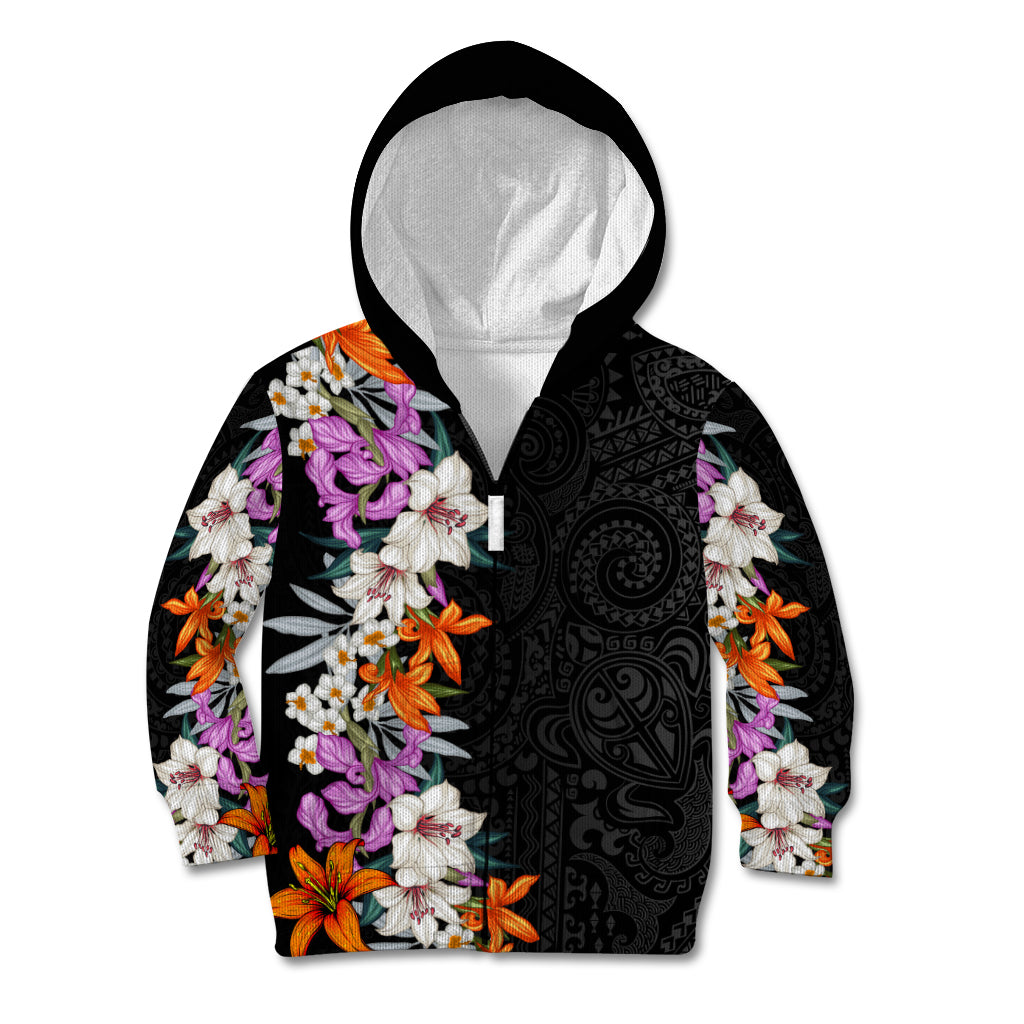 Hawaii Tropical Leaves and Flowers Kid Hoodie Tribal Polynesian Pattern LT03 Zip Hoodie Black - Polynesian Pride