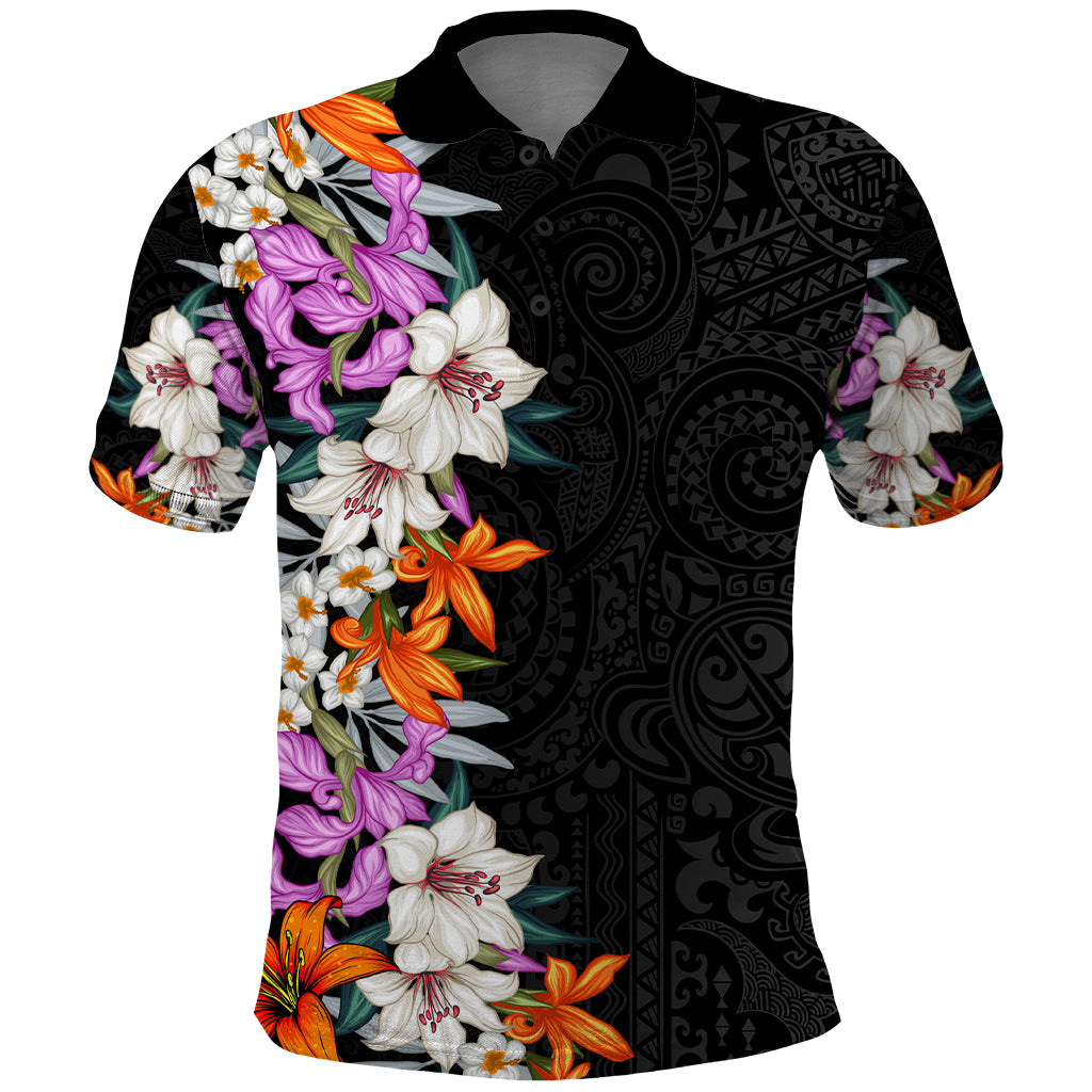 Hawaii Tropical Leaves and Flowers Polo Shirt Tribal Polynesian Pattern LT03 Black - Polynesian Pride