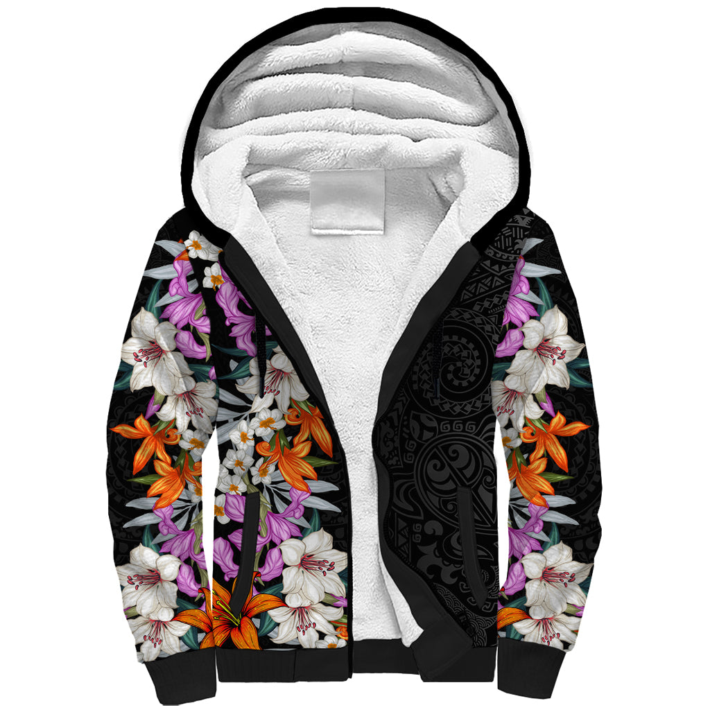 Hawaii Tropical Leaves and Flowers Sherpa Hoodie Tribal Polynesian Pattern LT03 Unisex Black - Polynesian Pride