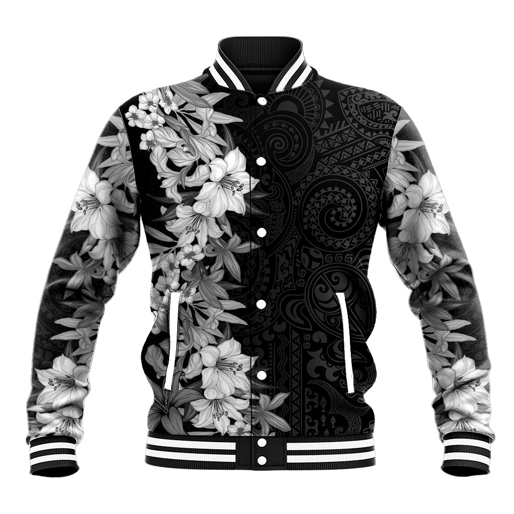 Hawaii Tropical Leaves and Flowers Baseball Jacket Tribal Polynesian Pattern Black White Style LT03 Unisex Black - Polynesian Pride