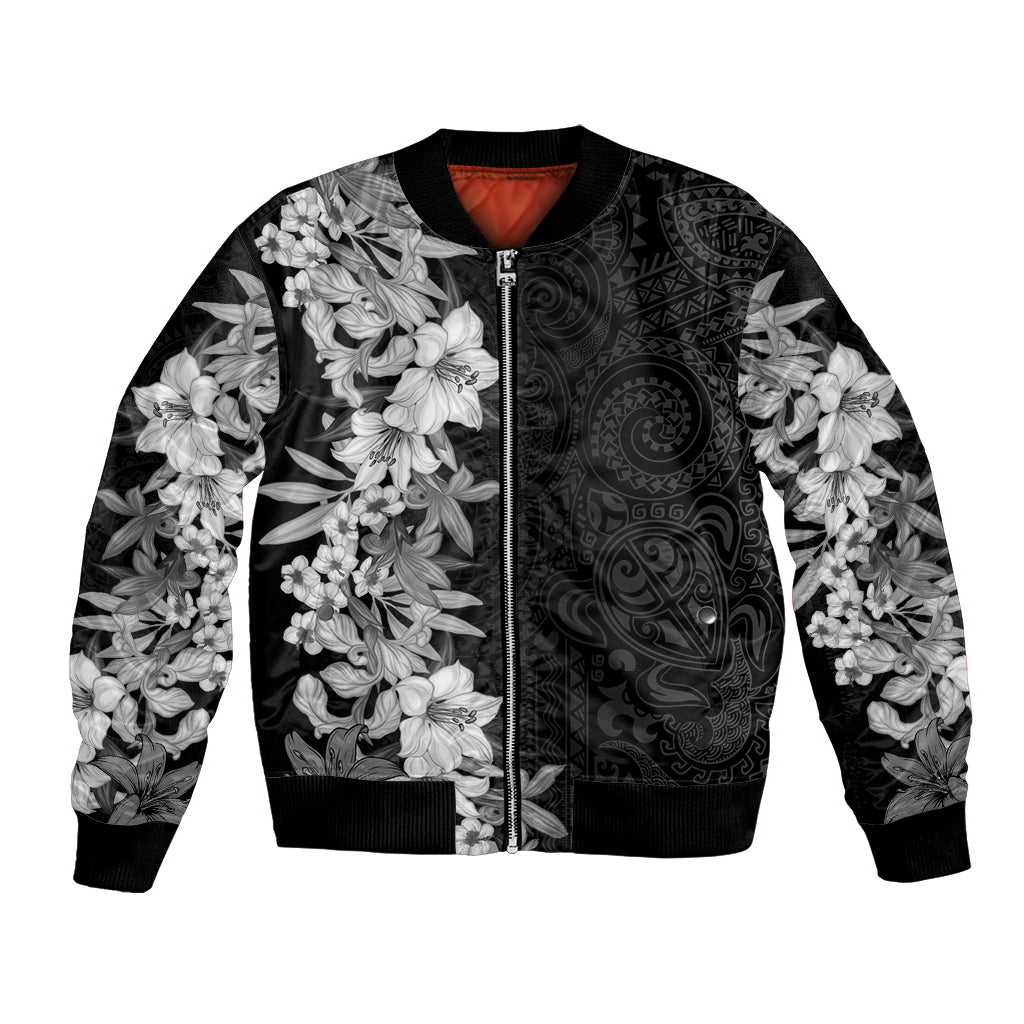 Hawaii Tropical Leaves and Flowers Bomber Jacket Tribal Polynesian Pattern Black White Style LT03 Unisex Black - Polynesian Pride