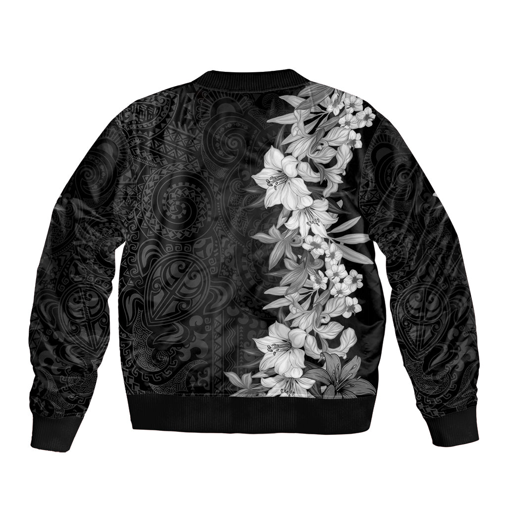 Hawaii Tropical Leaves and Flowers Bomber Jacket Tribal Polynesian Pattern Black White Style LT03 - Polynesian Pride