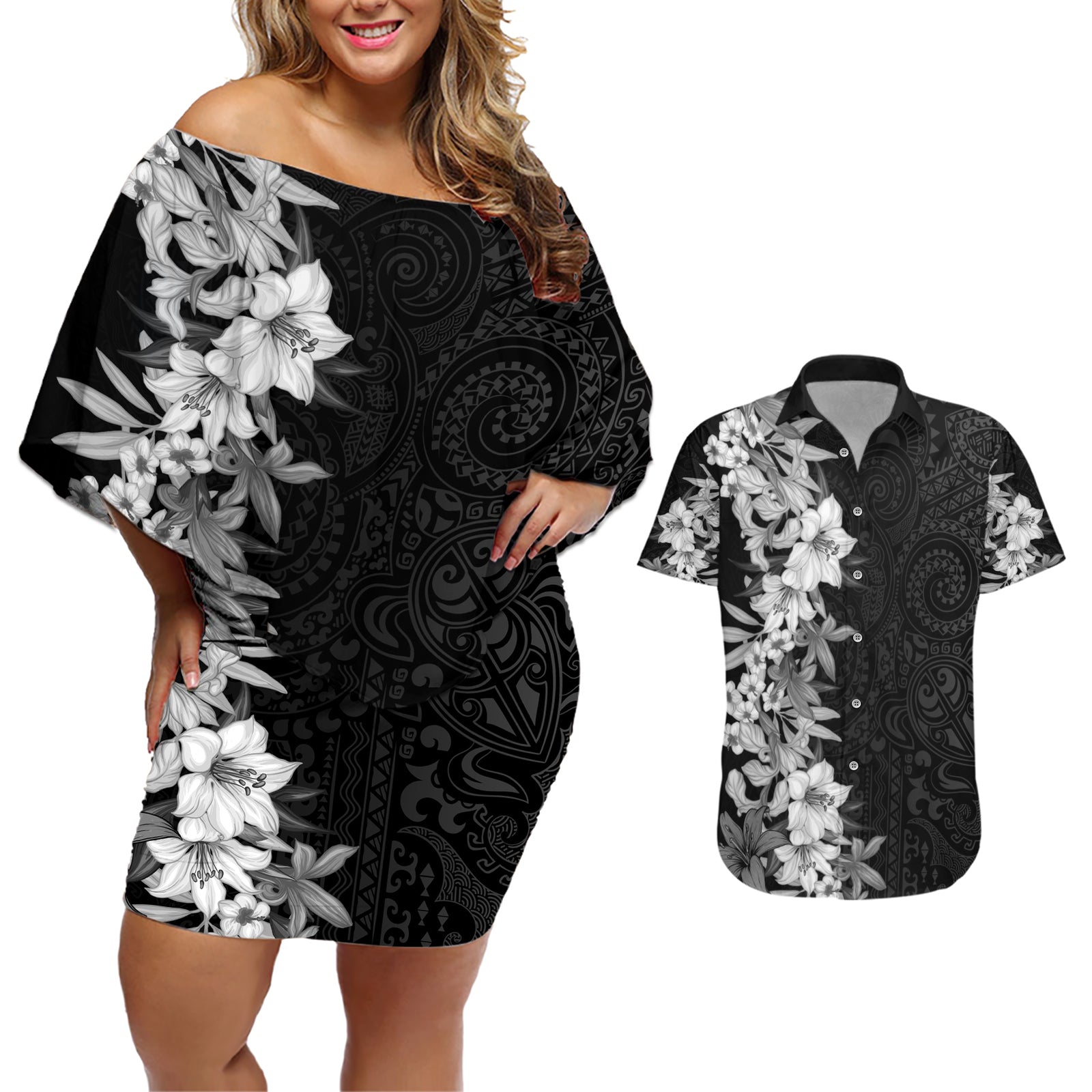 Hawaii Tropical Leaves and Flowers Couples Matching Off Shoulder Short Dress and Hawaiian Shirt Tribal Polynesian Pattern Black White Style LT03 Black - Polynesian Pride
