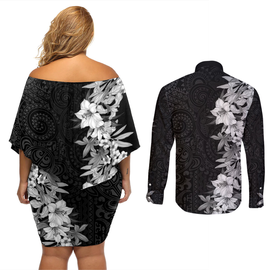 Hawaii Tropical Leaves and Flowers Couples Matching Off Shoulder Short Dress and Long Sleeve Button Shirt Tribal Polynesian Pattern Black White Style LT03 - Polynesian Pride