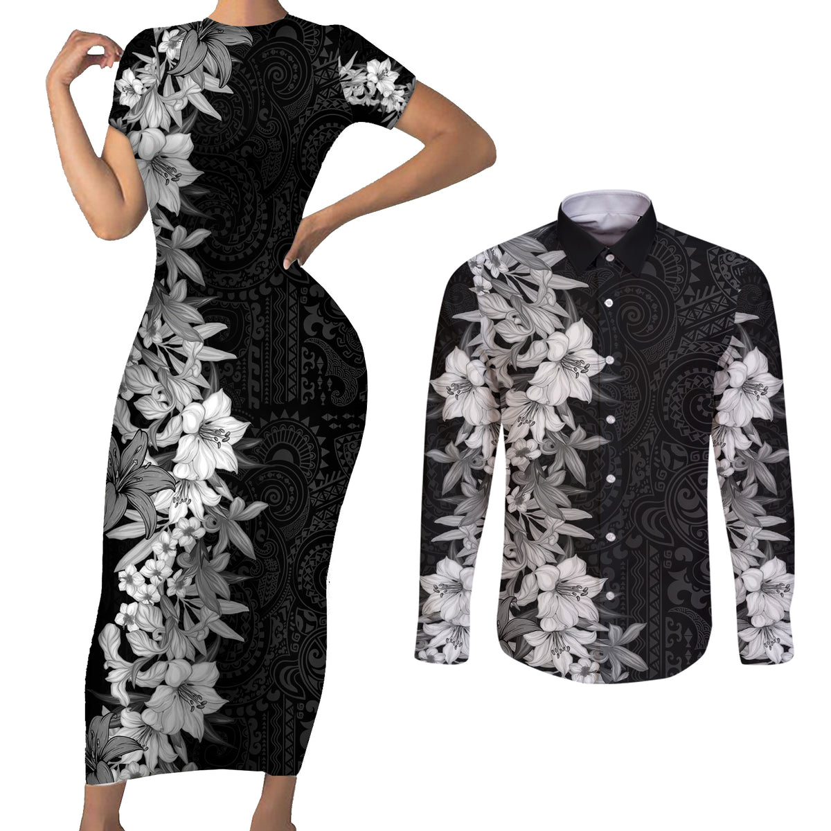 Hawaii Tropical Leaves and Flowers Couples Matching Short Sleeve Bodycon Dress and Long Sleeve Button Shirt Tribal Polynesian Pattern Black White Style LT03 Black - Polynesian Pride