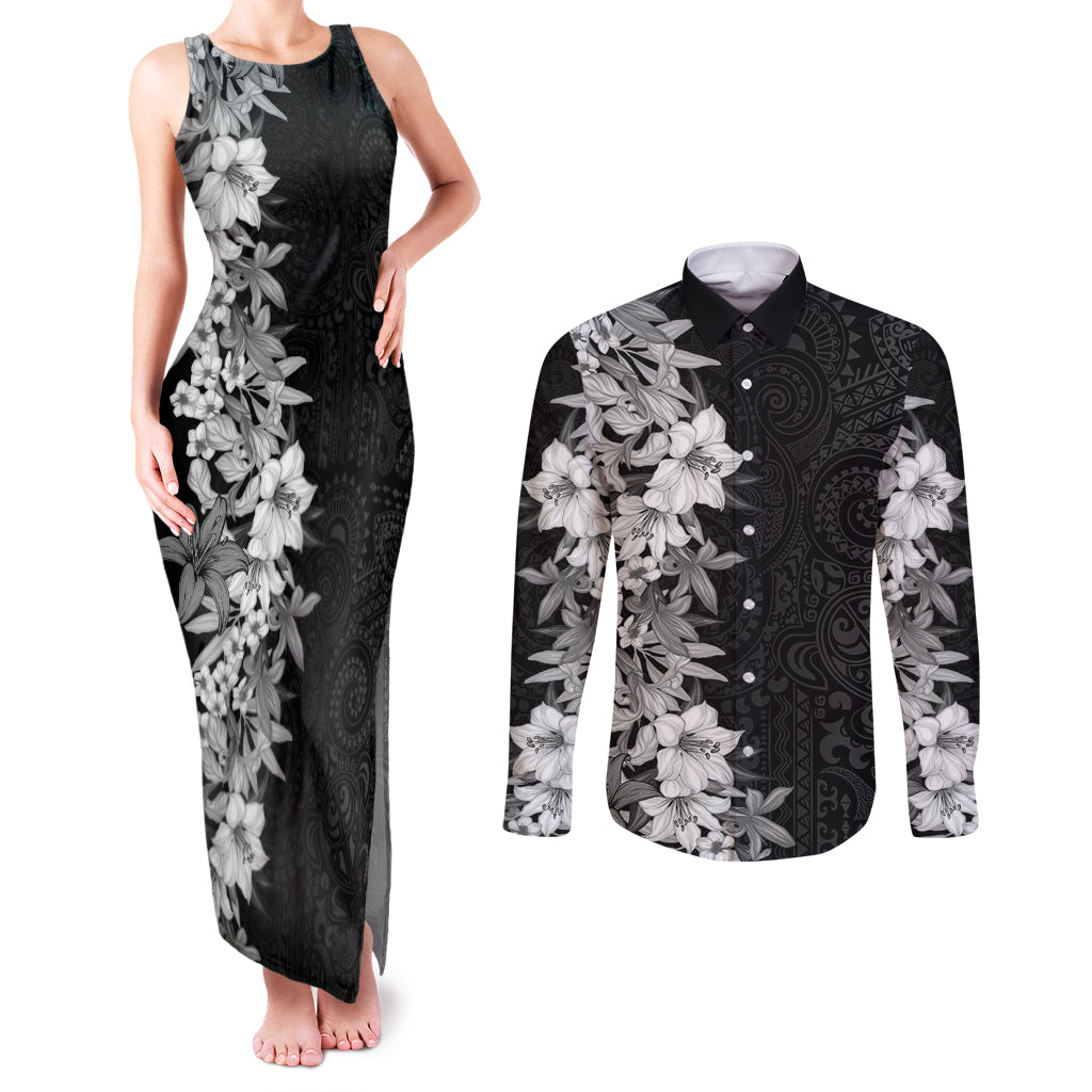 Hawaii Tropical Leaves and Flowers Couples Matching Tank Maxi Dress and Long Sleeve Button Shirt Tribal Polynesian Pattern Black White Style LT03 Black - Polynesian Pride