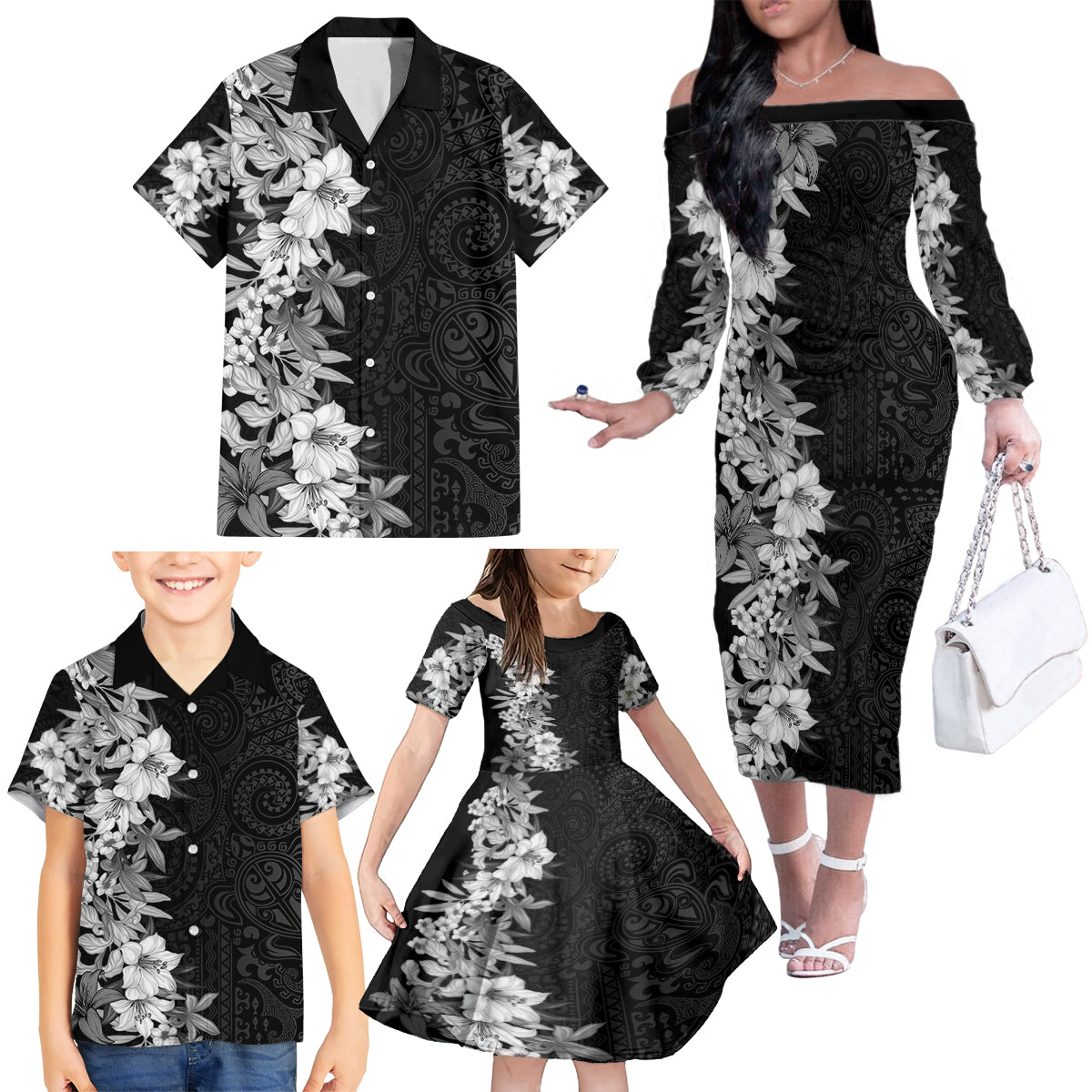 Hawaii Tropical Leaves and Flowers Family Matching Off Shoulder Long Sleeve Dress and Hawaiian Shirt Tribal Polynesian Pattern Black White Style LT03 - Polynesian Pride