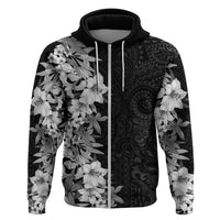 Hawaii Tropical Leaves and Flowers Hoodie Tribal Polynesian Pattern Black White Style LT03 Zip Hoodie Black - Polynesian Pride