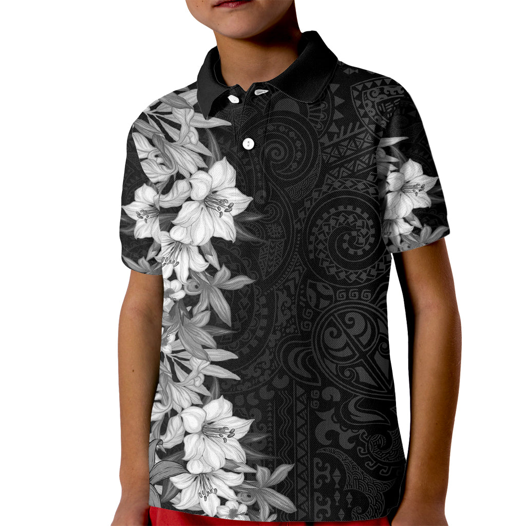 Hawaii Tropical Leaves and Flowers Kid Polo Shirt Tribal Polynesian Pattern Black White Style LT03 Kid Black - Polynesian Pride