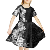 Hawaii Tropical Leaves and Flowers Kid Short Sleeve Dress Tribal Polynesian Pattern Black White Style LT03 - Polynesian Pride