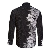 Hawaii Tropical Leaves and Flowers Long Sleeve Button Shirt Tribal Polynesian Pattern Black White Style LT03 - Polynesian Pride