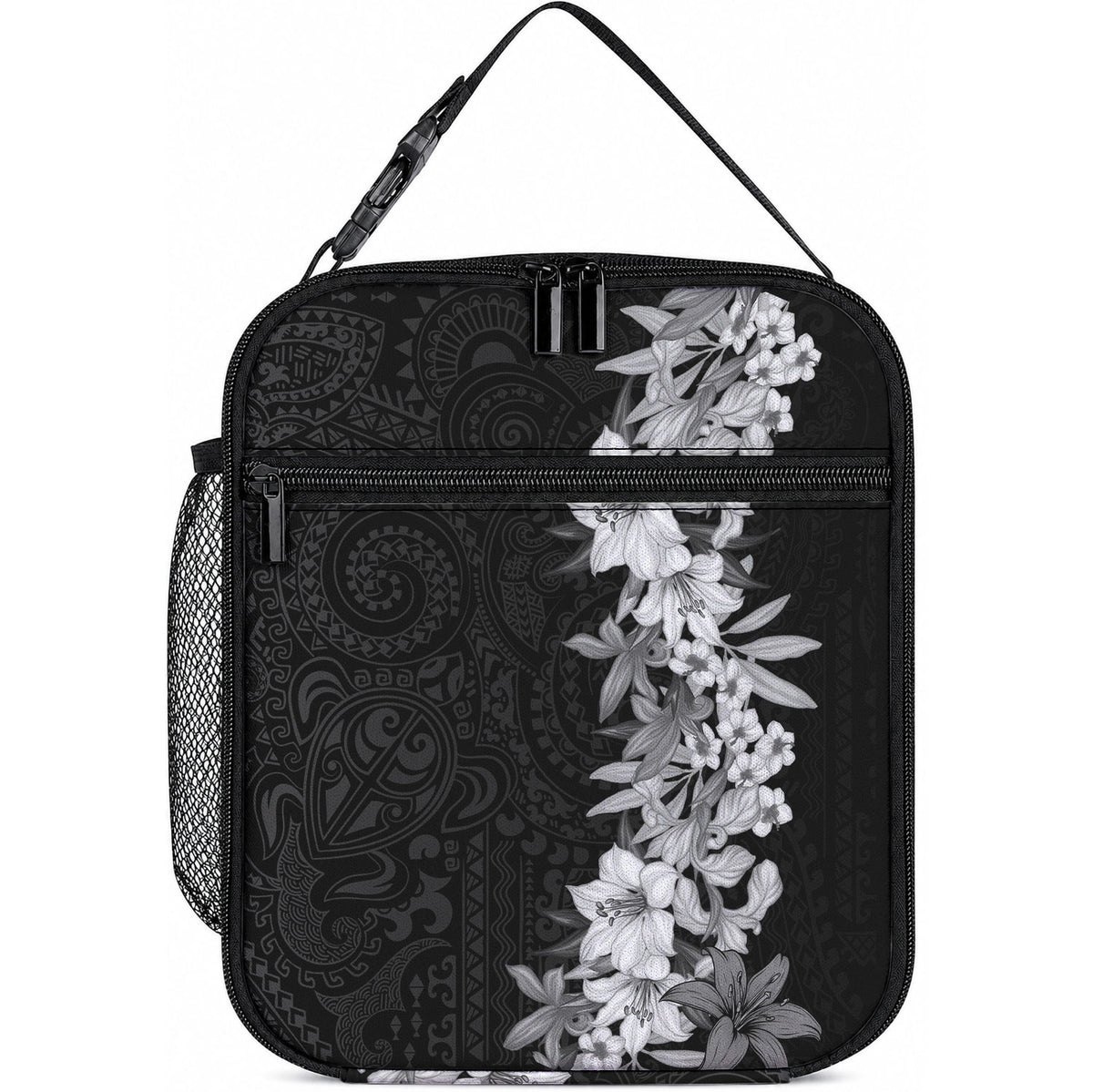 Hawaii Tropical Leaves and Flowers Lunch Bag LT03 10.2 × 8.3 × 4.3 inch Black - Polynesian Pride