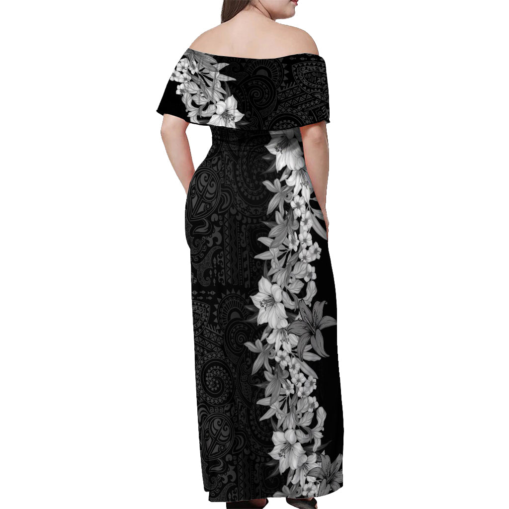 Hawaii Tropical Leaves and Flowers Off Shoulder Maxi Dress Tribal Polynesian Pattern Black White Style LT03 - Polynesian Pride