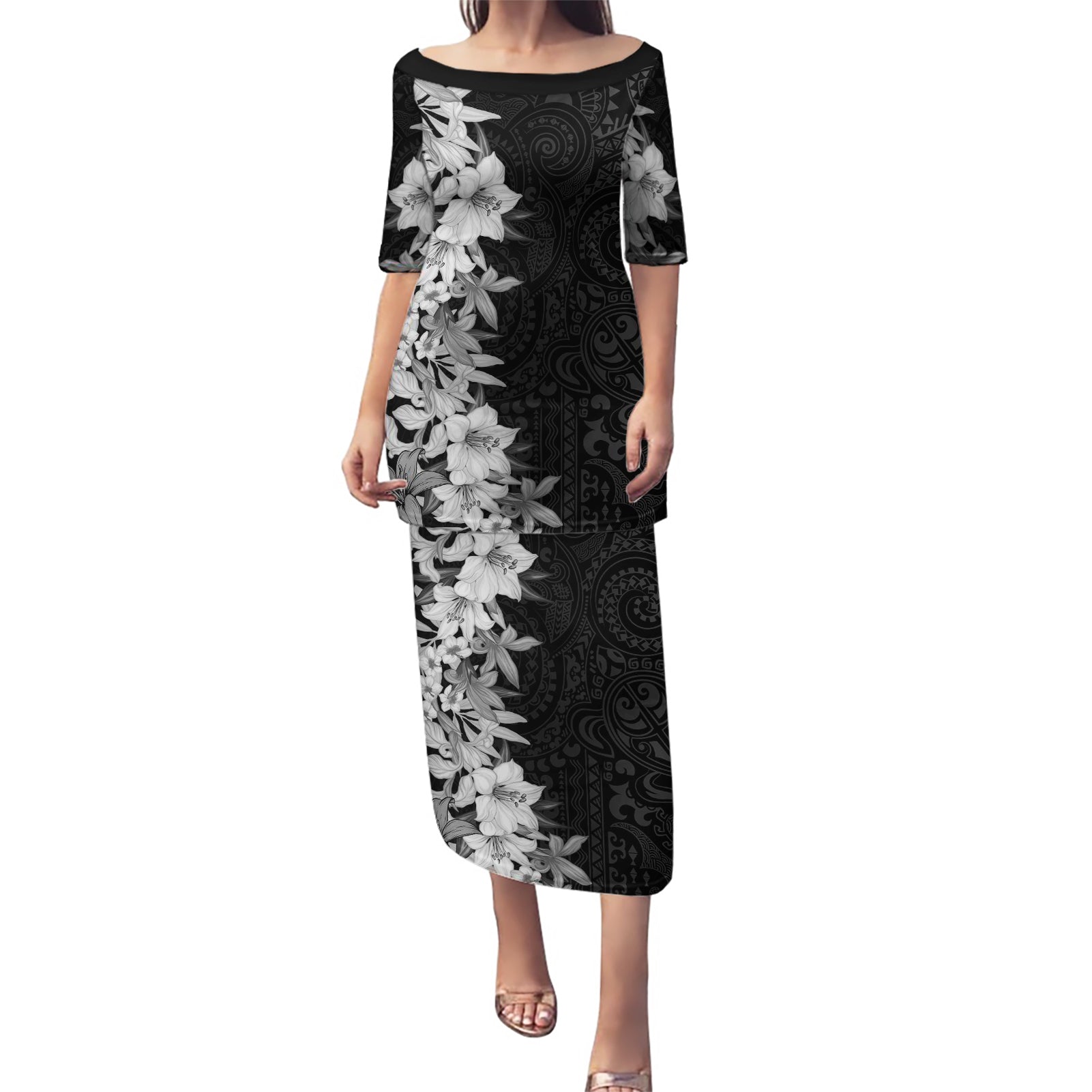 Hawaii Tropical Leaves and Flowers Puletasi Tribal Polynesian Pattern Black White Style LT03 Long Dress Black - Polynesian Pride