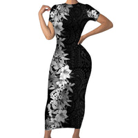 Hawaii Tropical Leaves and Flowers Short Sleeve Bodycon Dress Tribal Polynesian Pattern Black White Style LT03 Long Dress Black - Polynesian Pride