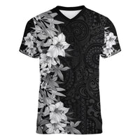 Hawaii Tropical Leaves and Flowers Women V Neck T Shirt Tribal Polynesian Pattern Black White Style LT03 Female Black - Polynesian Pride