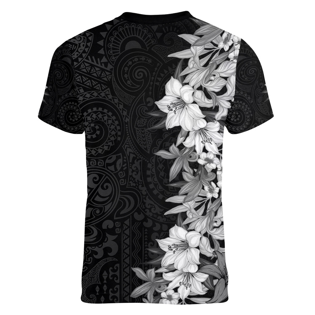 Hawaii Tropical Leaves and Flowers Women V Neck T Shirt Tribal Polynesian Pattern Black White Style LT03 - Polynesian Pride