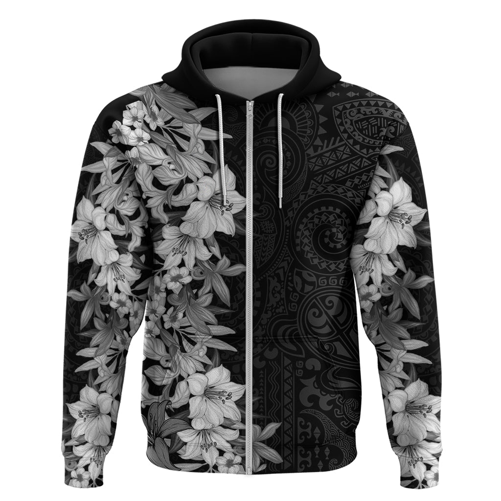 Hawaii Tropical Leaves and Flowers Zip Hoodie Tribal Polynesian Pattern Black White Style LT03 Zip Hoodie Black - Polynesian Pride