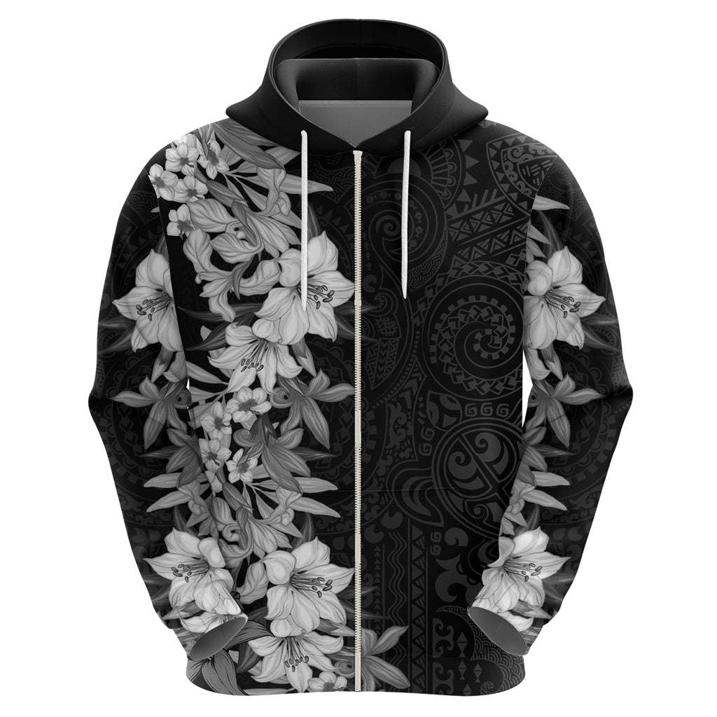 Hawaii Tropical Leaves and Flowers Zip Hoodie Tribal Polynesian Pattern Black White Style LT03 - Polynesian Pride