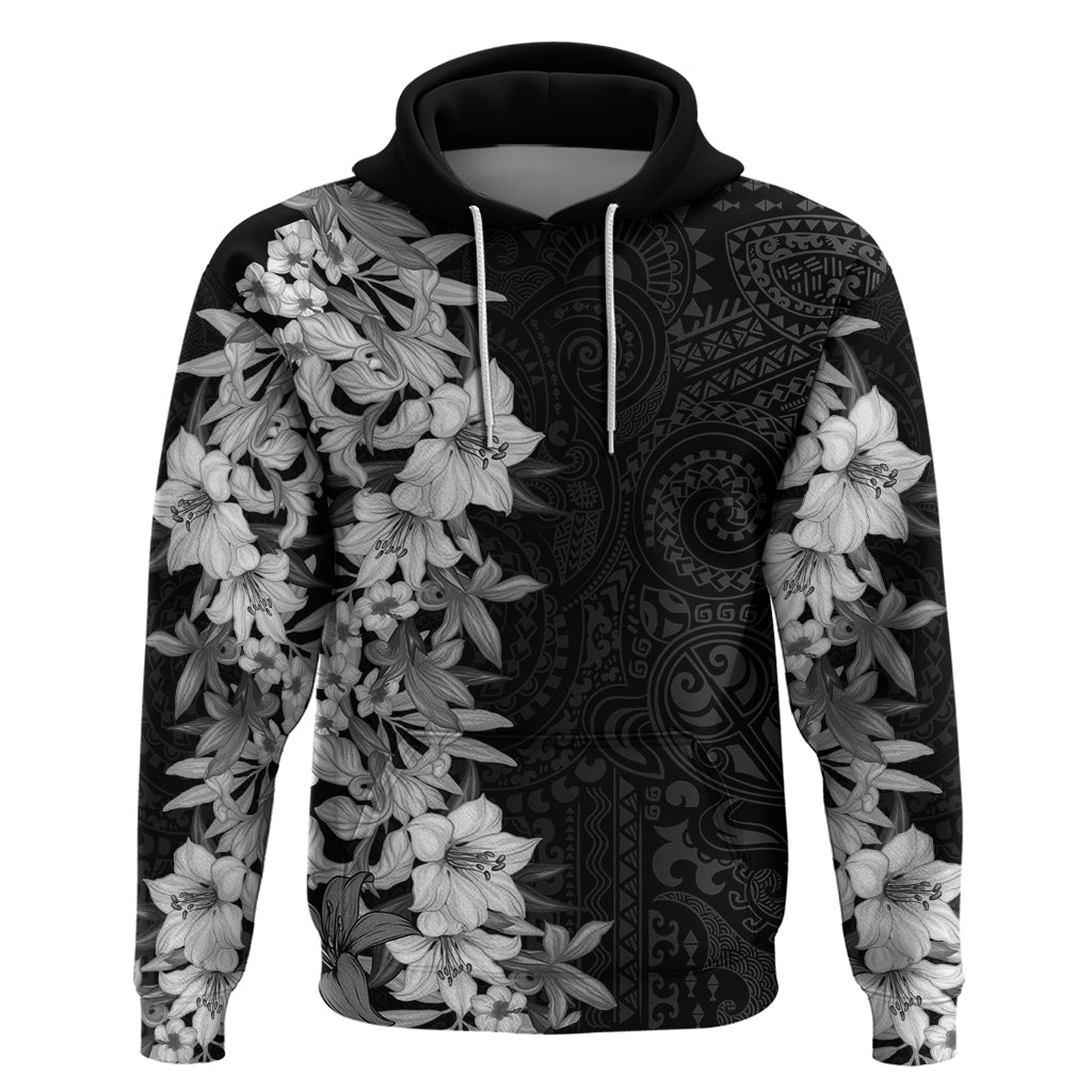 Hawaii Tropical Leaves and Flowers Zip Hoodie Tribal Polynesian Pattern Black White Style LT03 Pullover Hoodie Black - Polynesian Pride