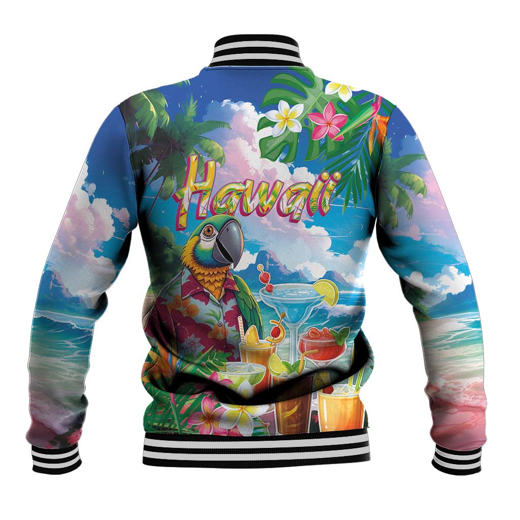 Hawaii Cocktails Baseball Jacket Parrot with Cute Beach Landscape and Tropical Plants