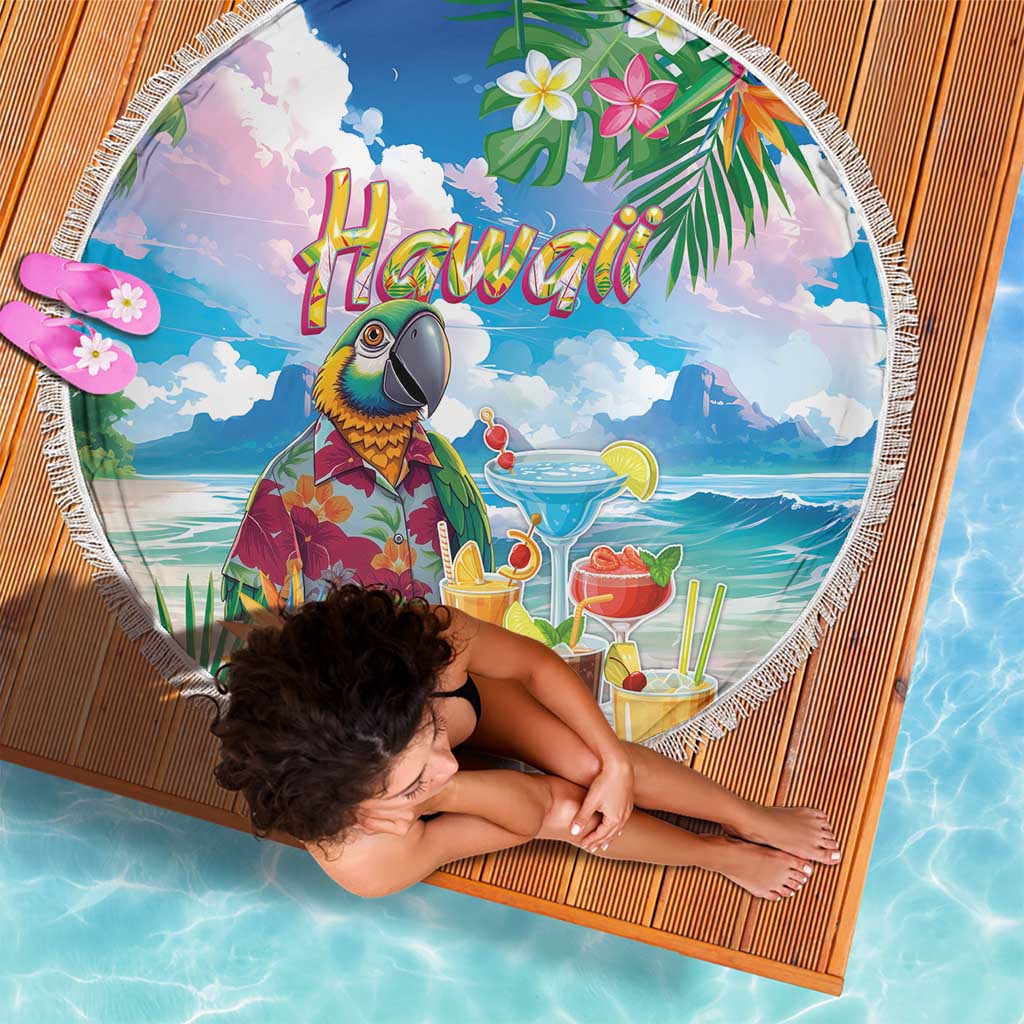 Hawaii Cocktails Beach Blanket Parrot with Cute Beach Landscape and Tropical Plants