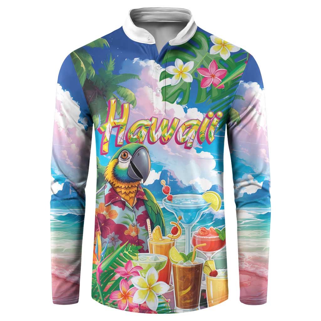 Hawaii Cocktails Button Sweatshirt Parrot with Cute Beach Landscape and Tropical Plants