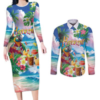 Hawaii Cocktails Couples Matching Long Sleeve Bodycon Dress and Long Sleeve Button Shirt Parrot with Cute Beach Landscape and Tropical Plants