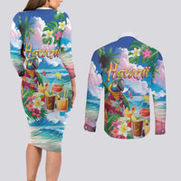 Hawaii Cocktails Couples Matching Long Sleeve Bodycon Dress and Long Sleeve Button Shirt Parrot with Cute Beach Landscape and Tropical Plants