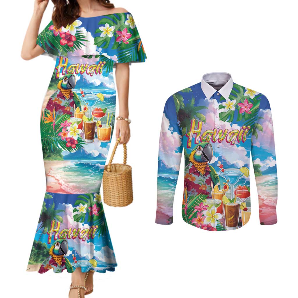 Hawaii Cocktails Couples Matching Mermaid Dress and Long Sleeve Button Shirt Parrot with Cute Beach Landscape and Tropical Plants