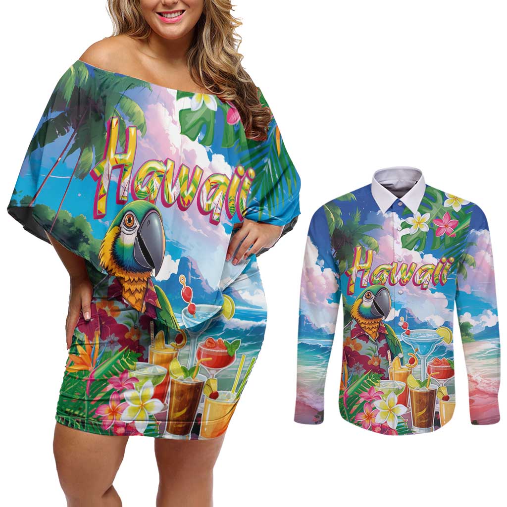 Hawaii Cocktails Couples Matching Off Shoulder Short Dress and Long Sleeve Button Shirt Parrot with Cute Beach Landscape and Tropical Plants