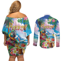 Hawaii Cocktails Couples Matching Off Shoulder Short Dress and Long Sleeve Button Shirt Parrot with Cute Beach Landscape and Tropical Plants