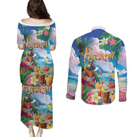 Hawaii Cocktails Couples Matching Puletasi and Long Sleeve Button Shirt Parrot with Cute Beach Landscape and Tropical Plants