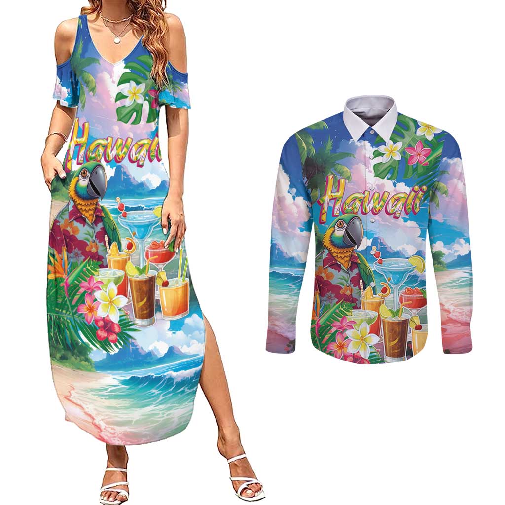 Hawaii Cocktails Couples Matching Summer Maxi Dress and Long Sleeve Button Shirt Parrot with Cute Beach Landscape and Tropical Plants