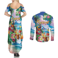 Hawaii Cocktails Couples Matching Summer Maxi Dress and Long Sleeve Button Shirt Parrot with Cute Beach Landscape and Tropical Plants
