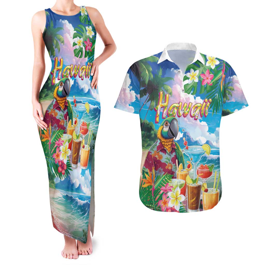 Hawaii Cocktails Couples Matching Tank Maxi Dress and Hawaiian Shirt Parrot with Cute Beach Landscape and Tropical Plants