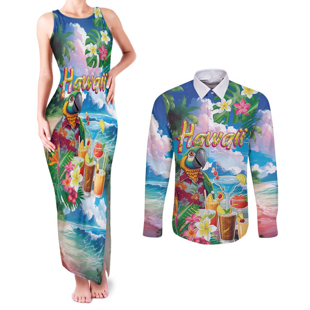 Hawaii Cocktails Couples Matching Tank Maxi Dress and Long Sleeve Button Shirt Parrot with Cute Beach Landscape and Tropical Plants