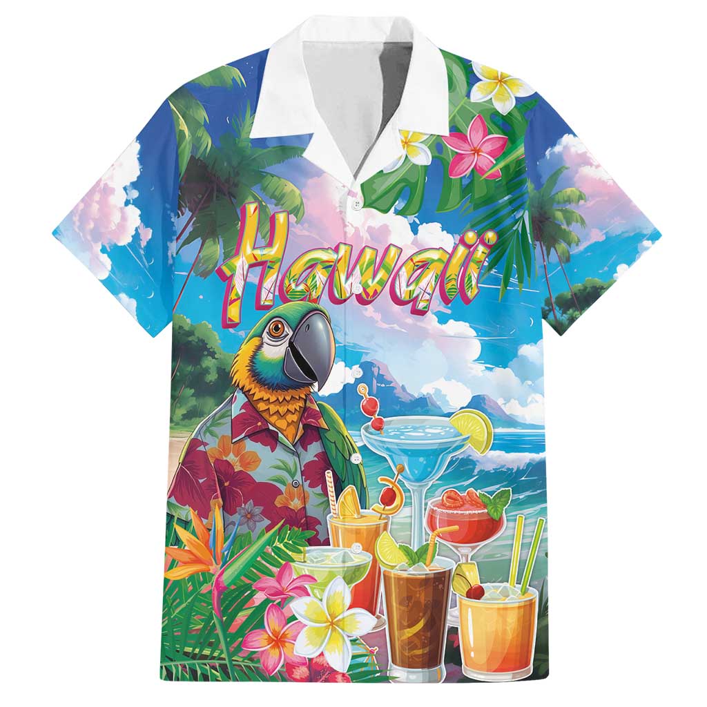Hawaii Cocktails Family Matching Off Shoulder Short Dress and Hawaiian Shirt Parrot with Cute Beach Landscape and Tropical Plants