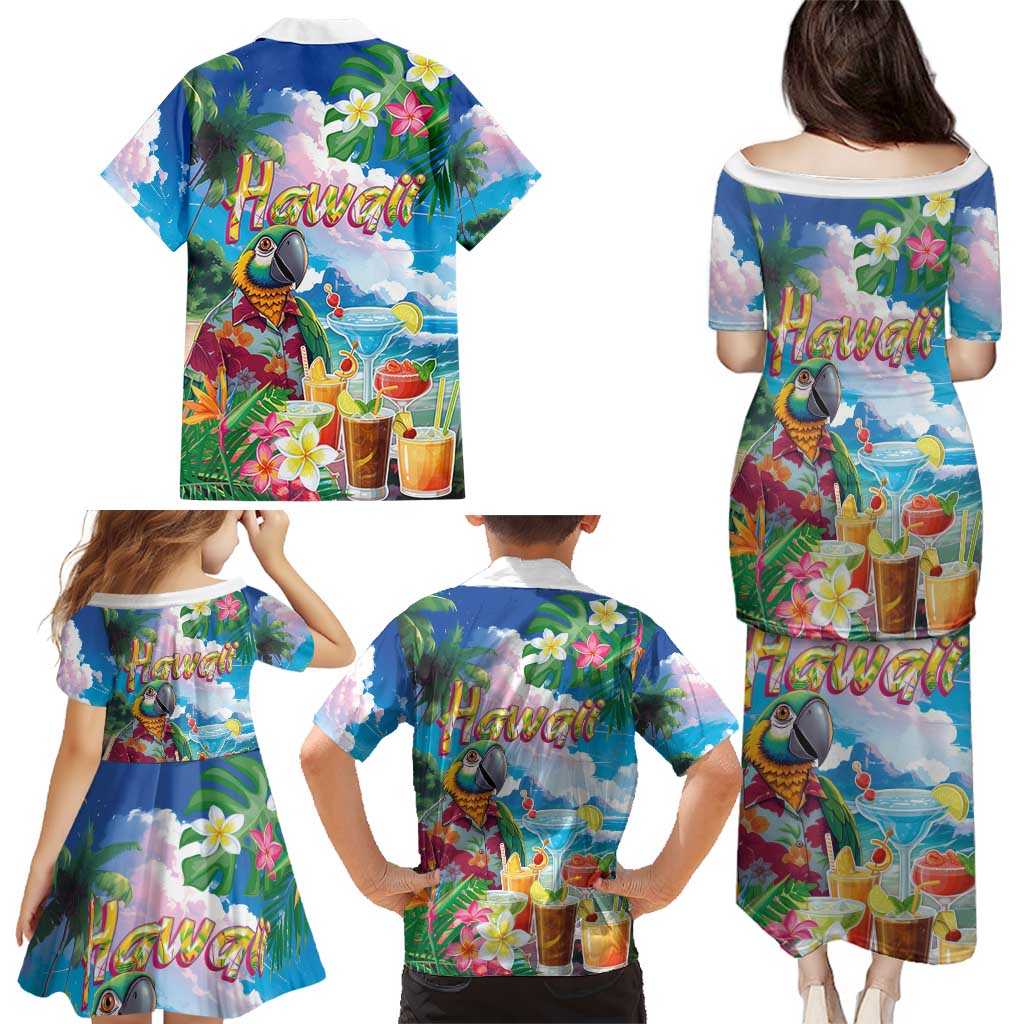 Hawaii Cocktails Family Matching Puletasi and Hawaiian Shirt Parrot with Cute Beach Landscape and Tropical Plants