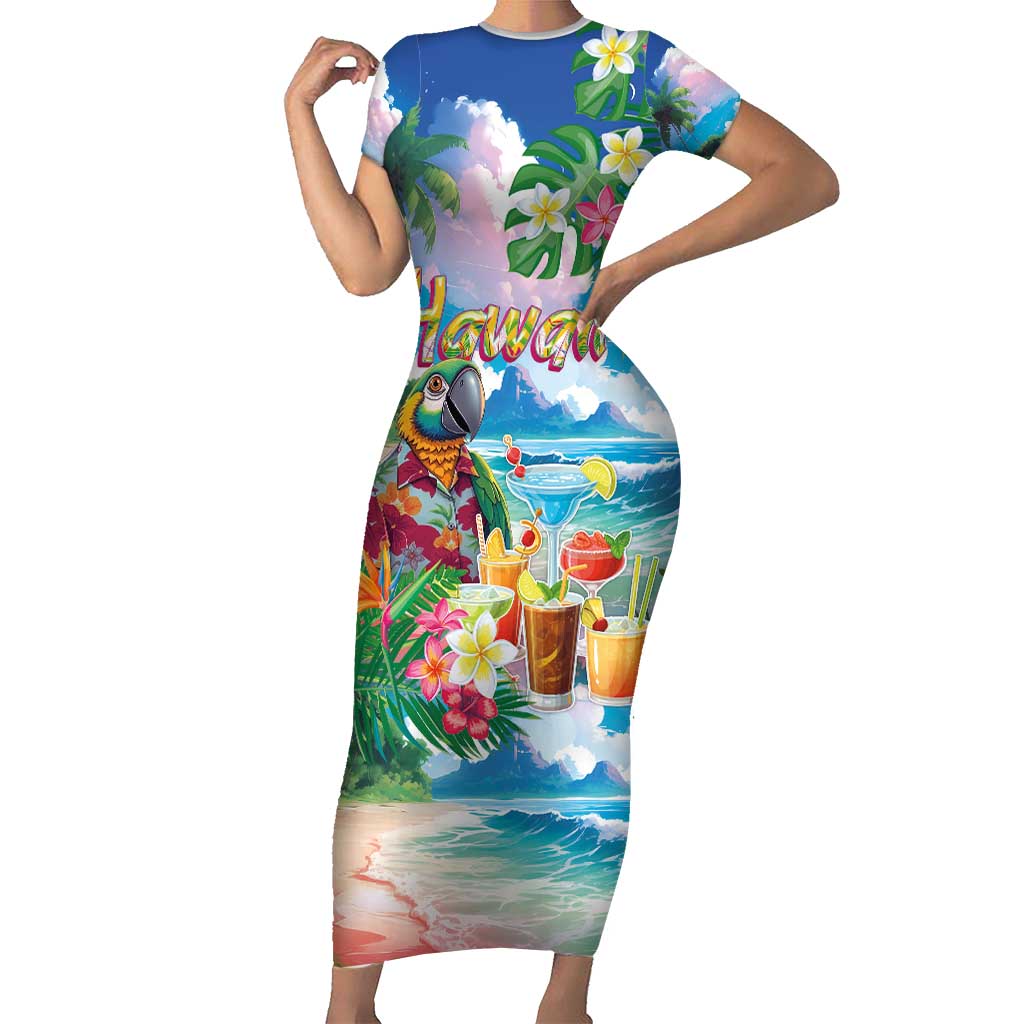 Hawaii Cocktails Family Matching Short Sleeve Bodycon Dress and Hawaiian Shirt Parrot with Cute Beach Landscape and Tropical Plants